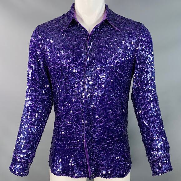 DRIES VAN NOTEN Size 38 Purple Sequined Viscose Hidden Buttons Long Sleeve Shirt - Picture 1 of 8